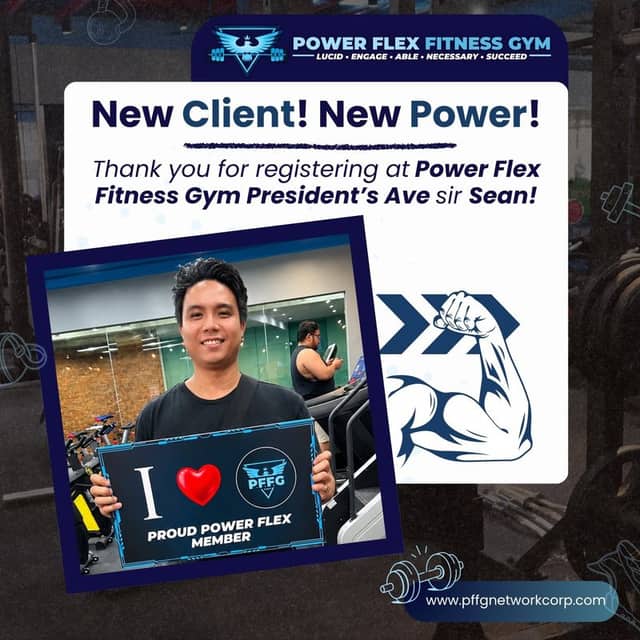 “New Client! New Power!” welcome post for a new member of Power Flex President’s Ave.