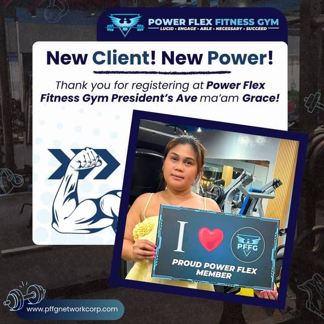 “New Client! New Power!” welcome post for a new member of Power Flex President’s Ave.