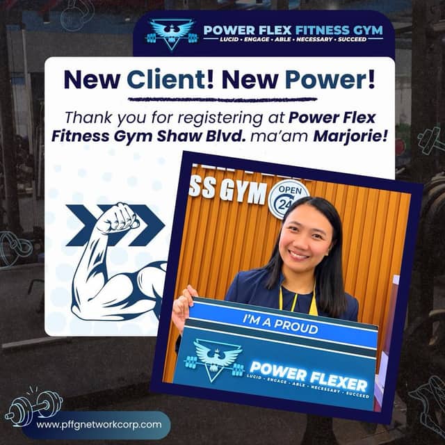 “New Client! New Power!” welcome post for a new member of Power Flex Shaw Blvd.