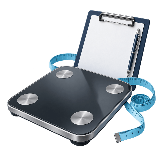 3D fitness assessment illustration: a charcoal scale, cyan measuring tape, navy clipboard and pen.