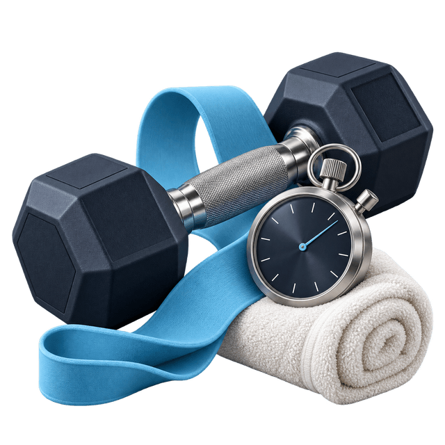 3D personal training illustration: a dumbbell, blue loop resistance band, silver analog stopwatch and rolled white towel.