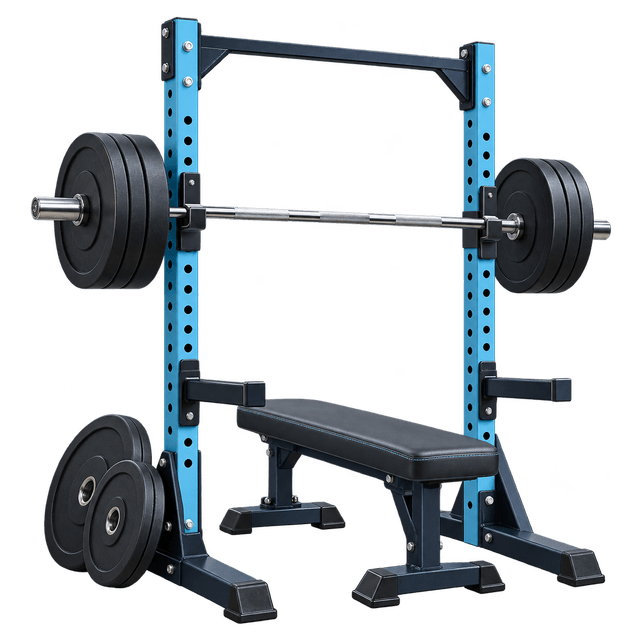 3D strength floor illustration: a miniature squat rack, barbell, weight bench and spare plates.