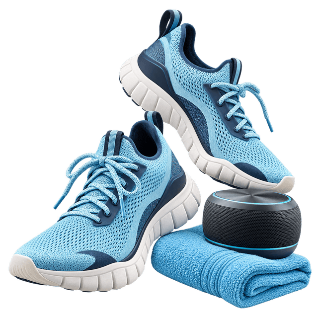 3D dance-fitness illustration: blue sneakers, a compact speaker and a folded towel.