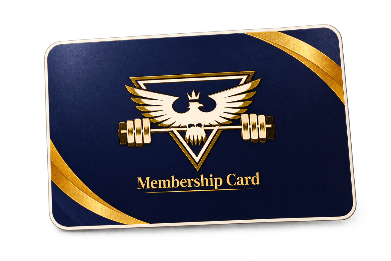 The Power Flex Fitness Gym membership card: navy blue with gold corner ribbons, the gold crowned-eagle emblem and the words Membership Card.