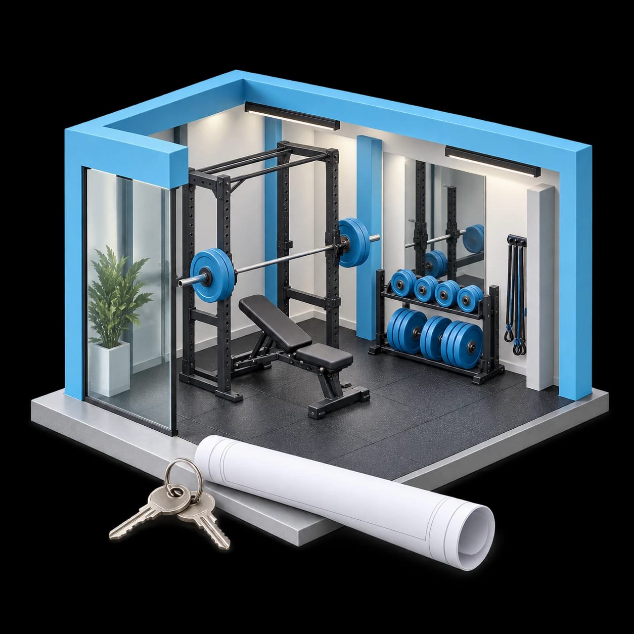Concept illustration of a gym model with training equipment, floor plans and keys.